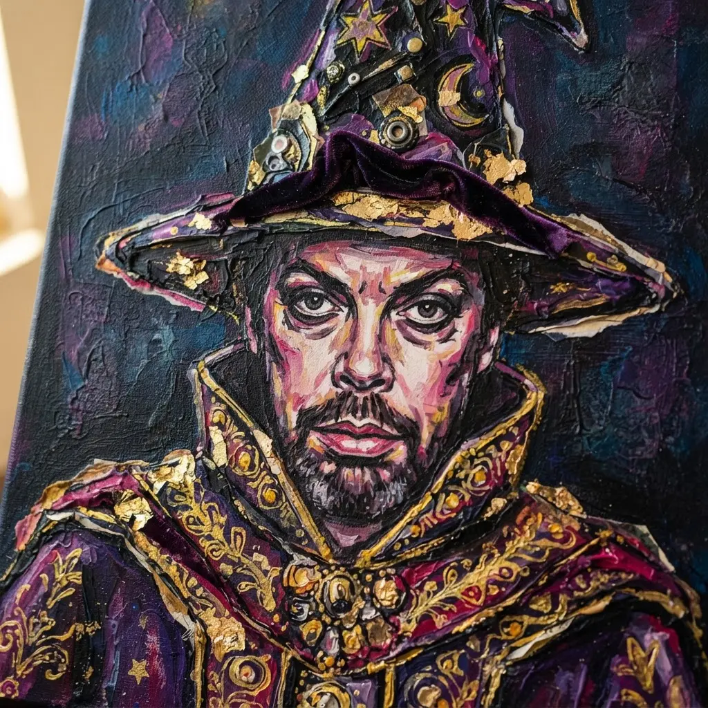 Tim Curry drawing ideas portrait showing The Grand Wizard with layered ink and color, a pointed hat, and bold eyes.
