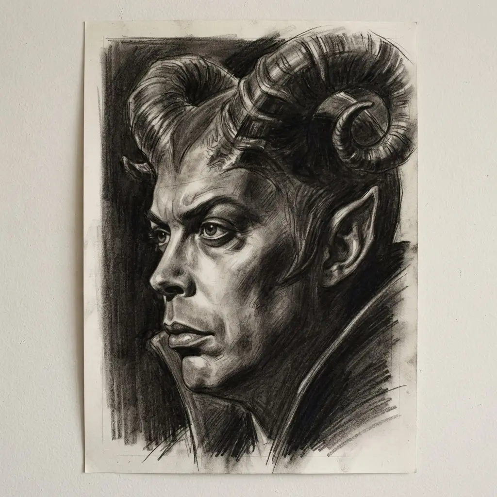 Tim Curry drawing ideas study showing Lord of Darkness in a chiaroscuro profile with tall horns and deep facial shadows.