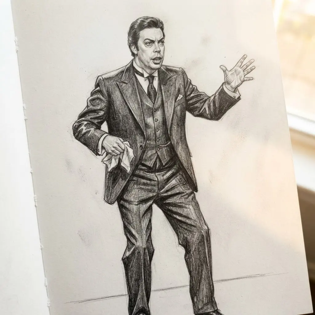Graphite drawing of Wadsworth the butler gesturing during a monologue with a formal suit and raised hand.