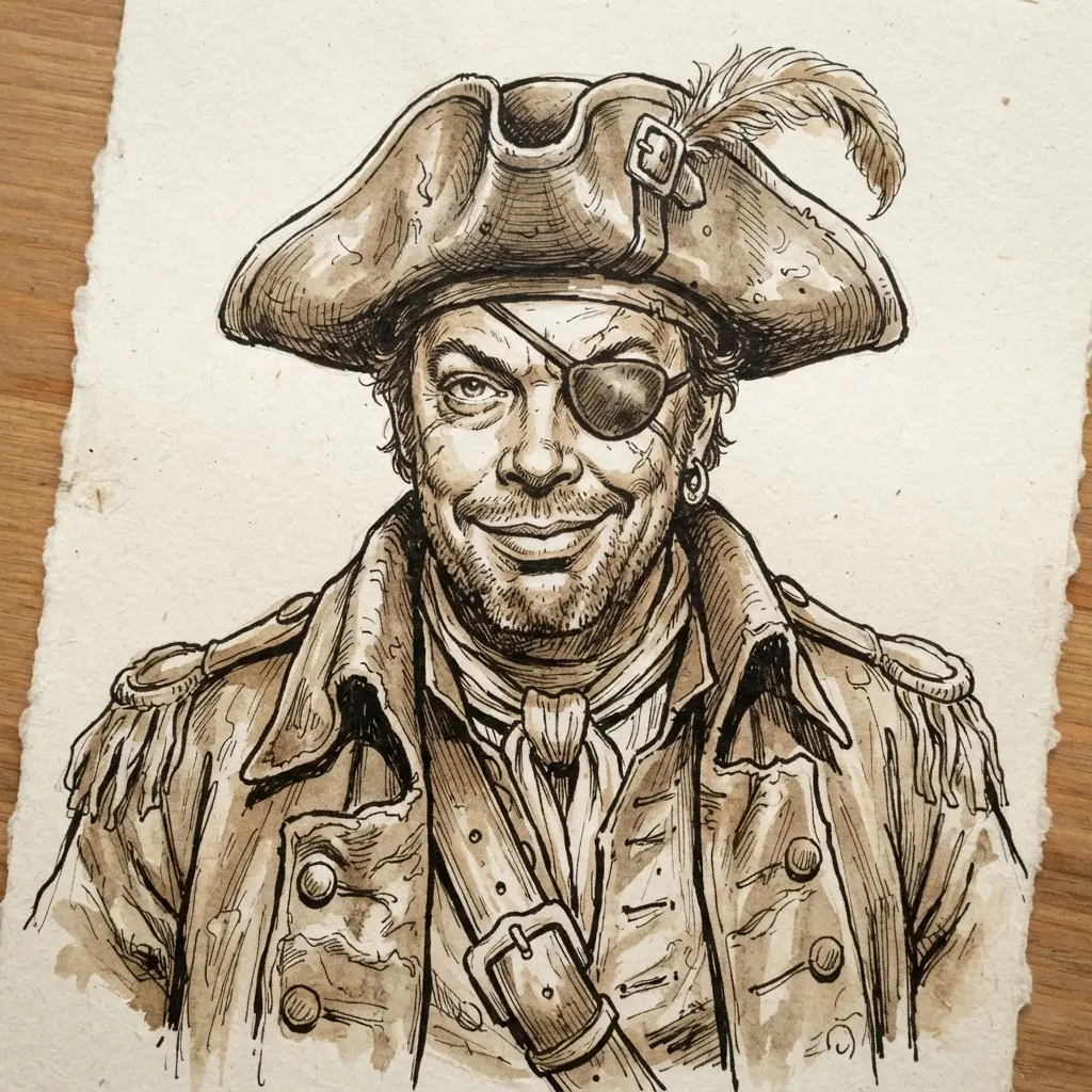 Ink character portrait of Long John Silver wearing a pirate coat, hat, and expressive crooked smile.