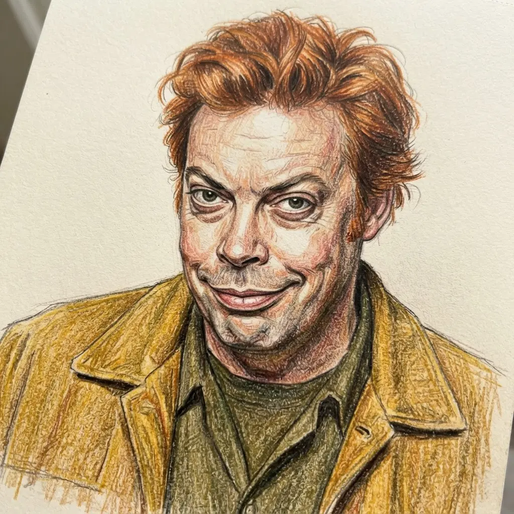 Colored pencil portrait of Rooster Hannigan showing a smirk, tousled hair, and warm costume colors.