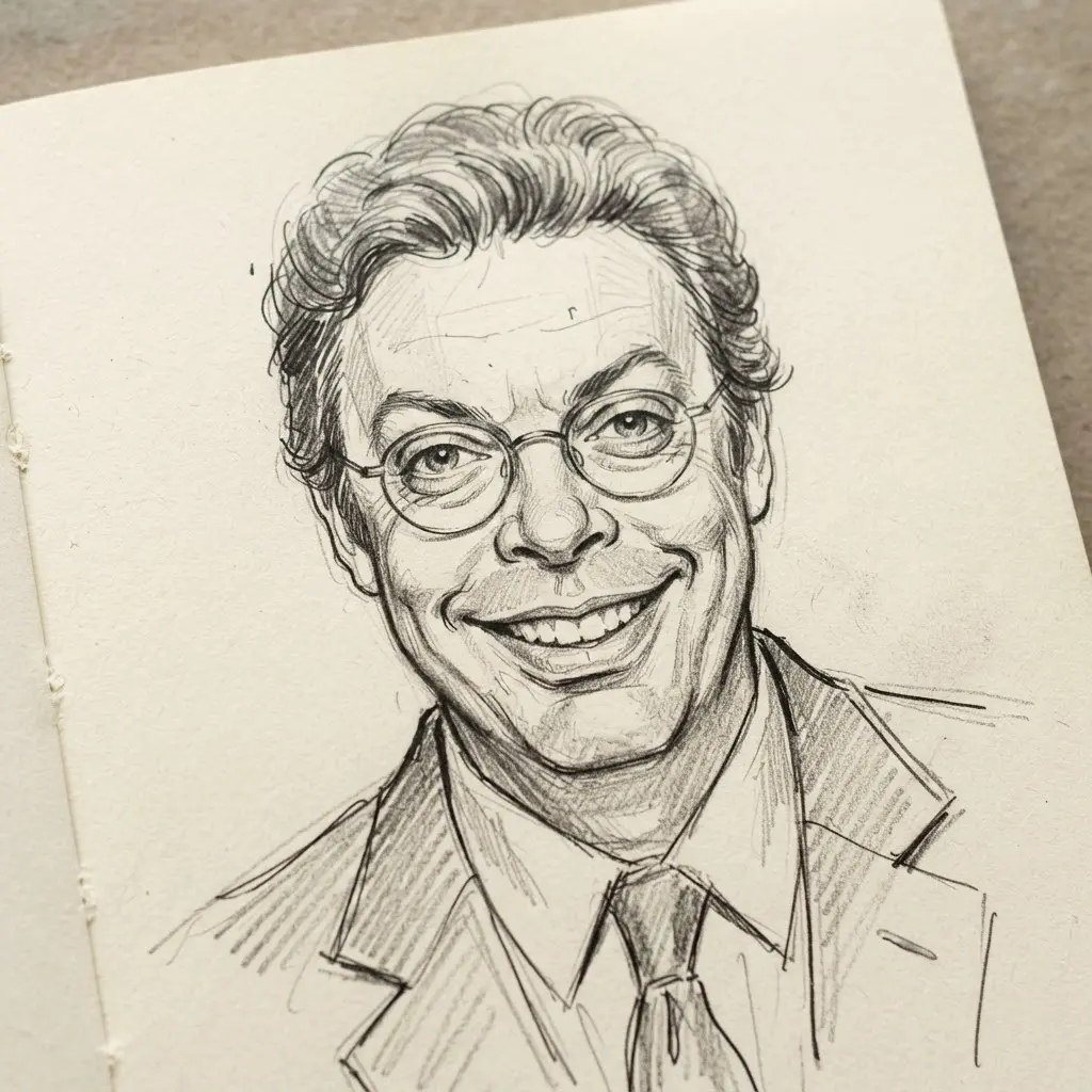 Pen sketch of Nigel Thornberry showing a broad grin, round glasses, bushy brows, and an exaggerated chin.