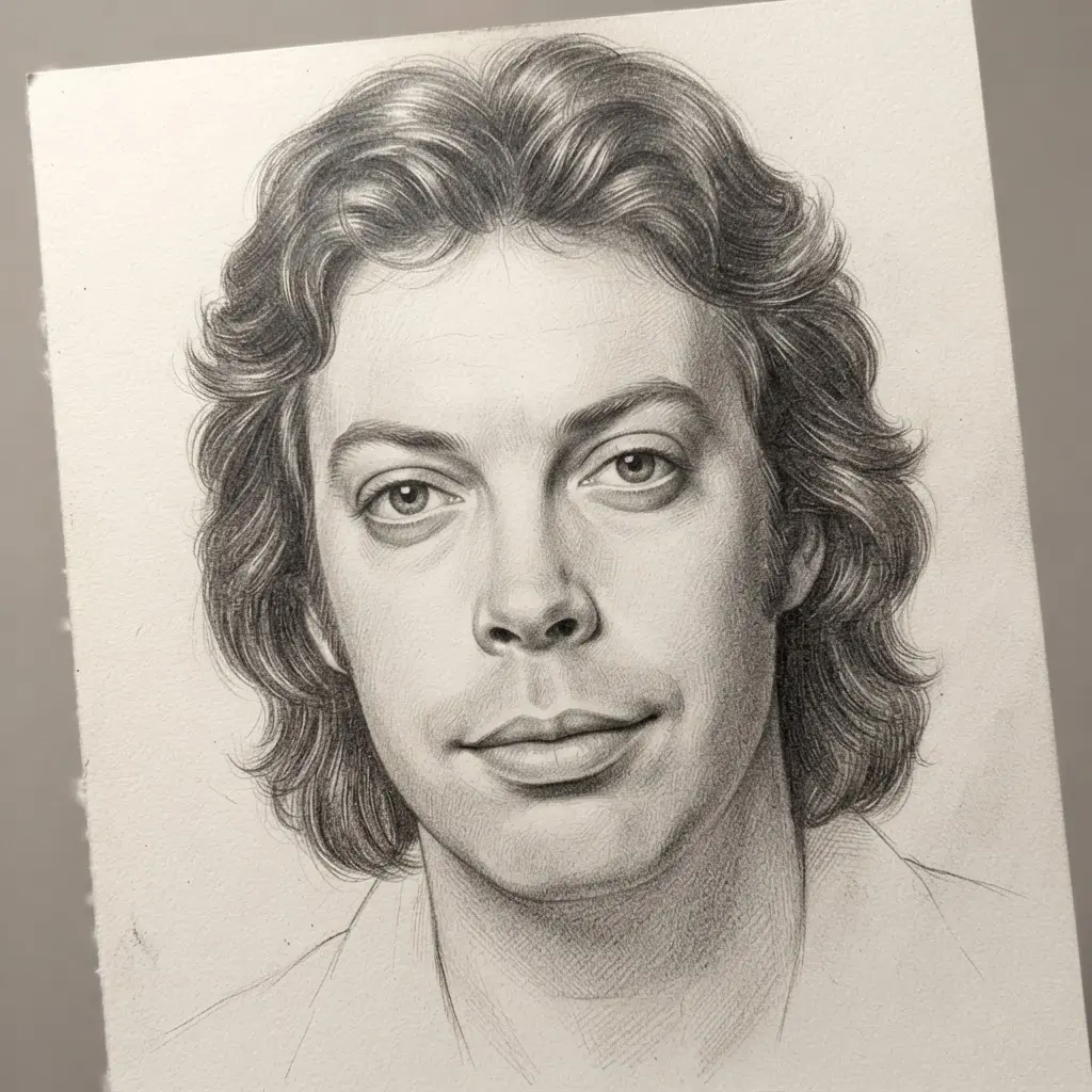 Graphite studio portrait showing young Tim Curry with soft hair, a calm gaze, and gentle directional shading.