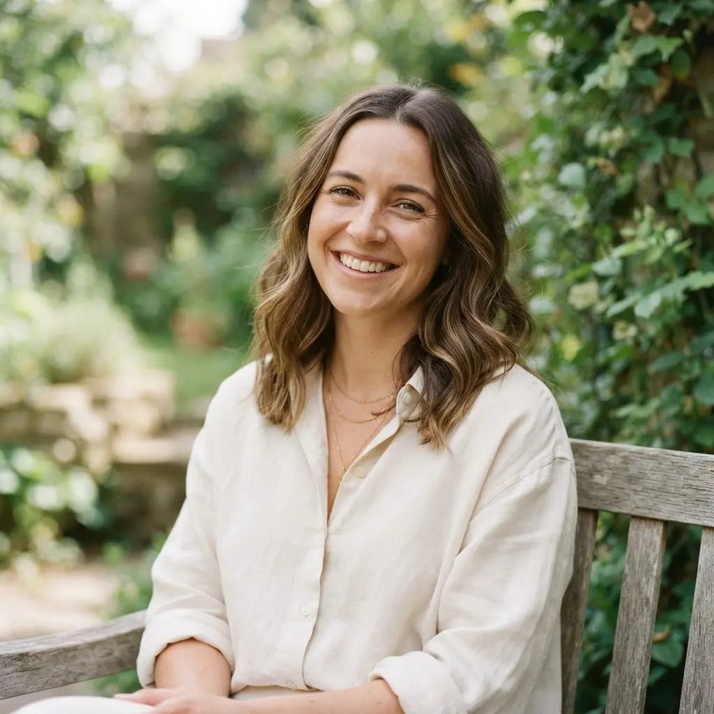 Smiling dater in a bright window-lit headshot for Tinder picture suggestions, with a clear face and relaxed expression.