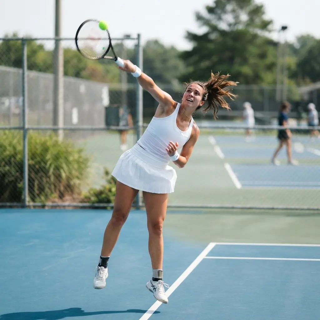 Person serving a tennis ball outdoors for Tinder picture suggestions, with sports clothing and a bright court.