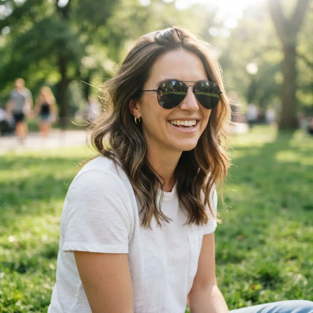 Person smiling outdoors in sunglasses for Tinder picture suggestions, with a sunny park background and casual clothing.