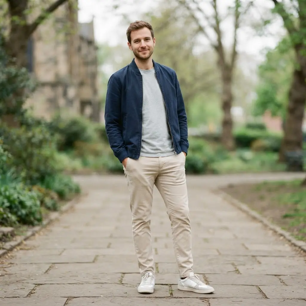 Person standing outdoors in a casual full-body outfit, with relaxed posture and soft daylight.