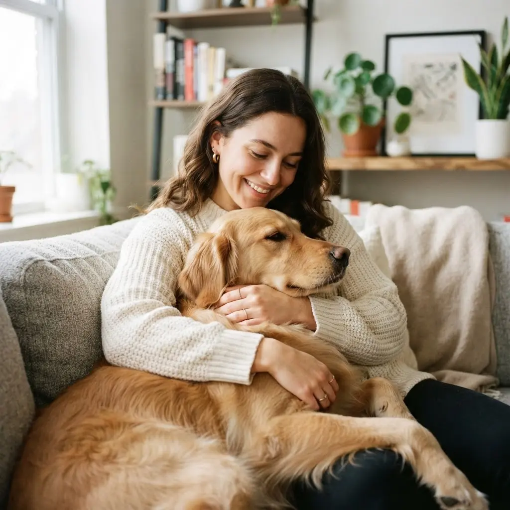 Person cuddling a friendly dog for Tinder picture suggestions, with a soft smile and comfortable home background.