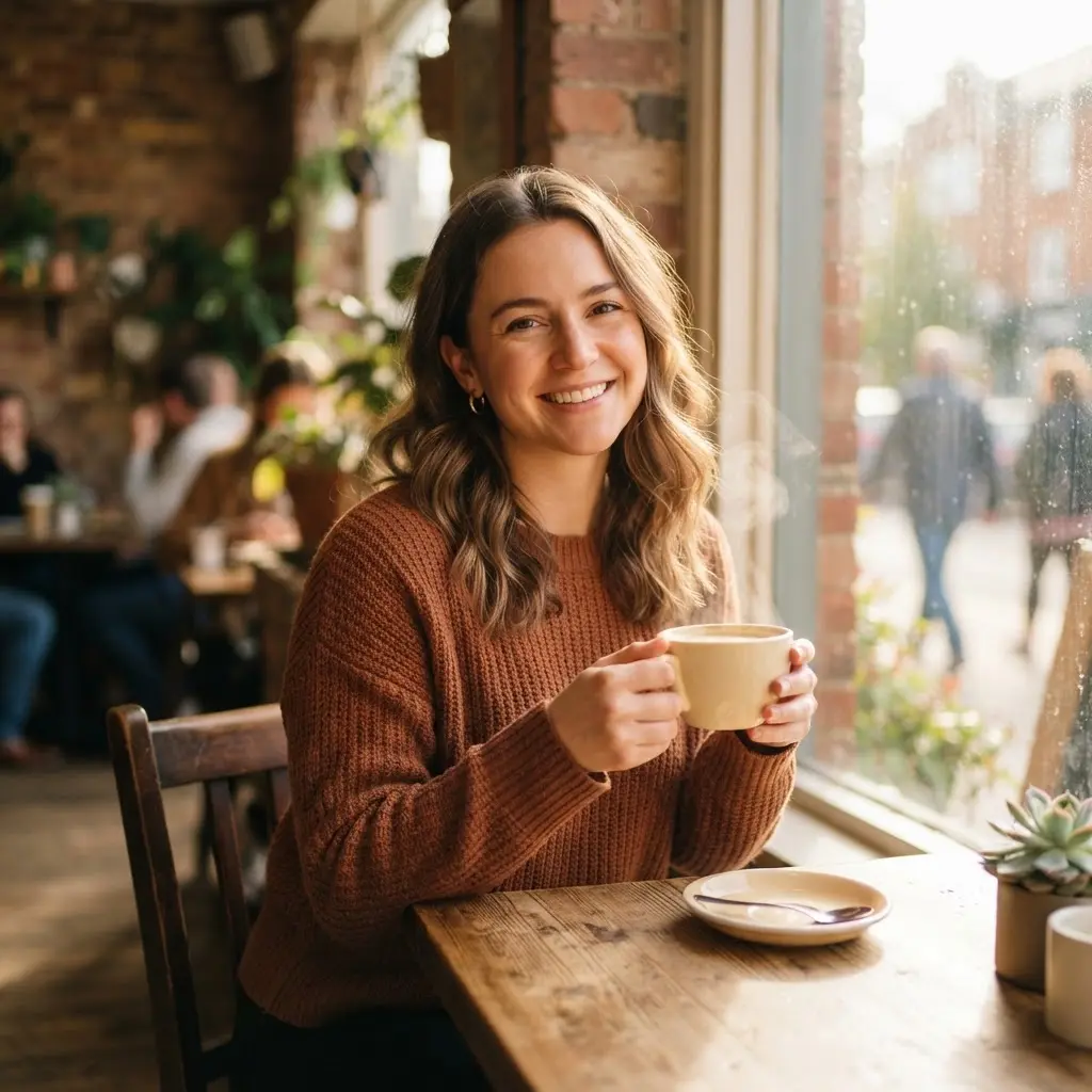 Person holding a coffee cup in a cafe for Tinder picture suggestions, with warm window light and a relaxed pose.