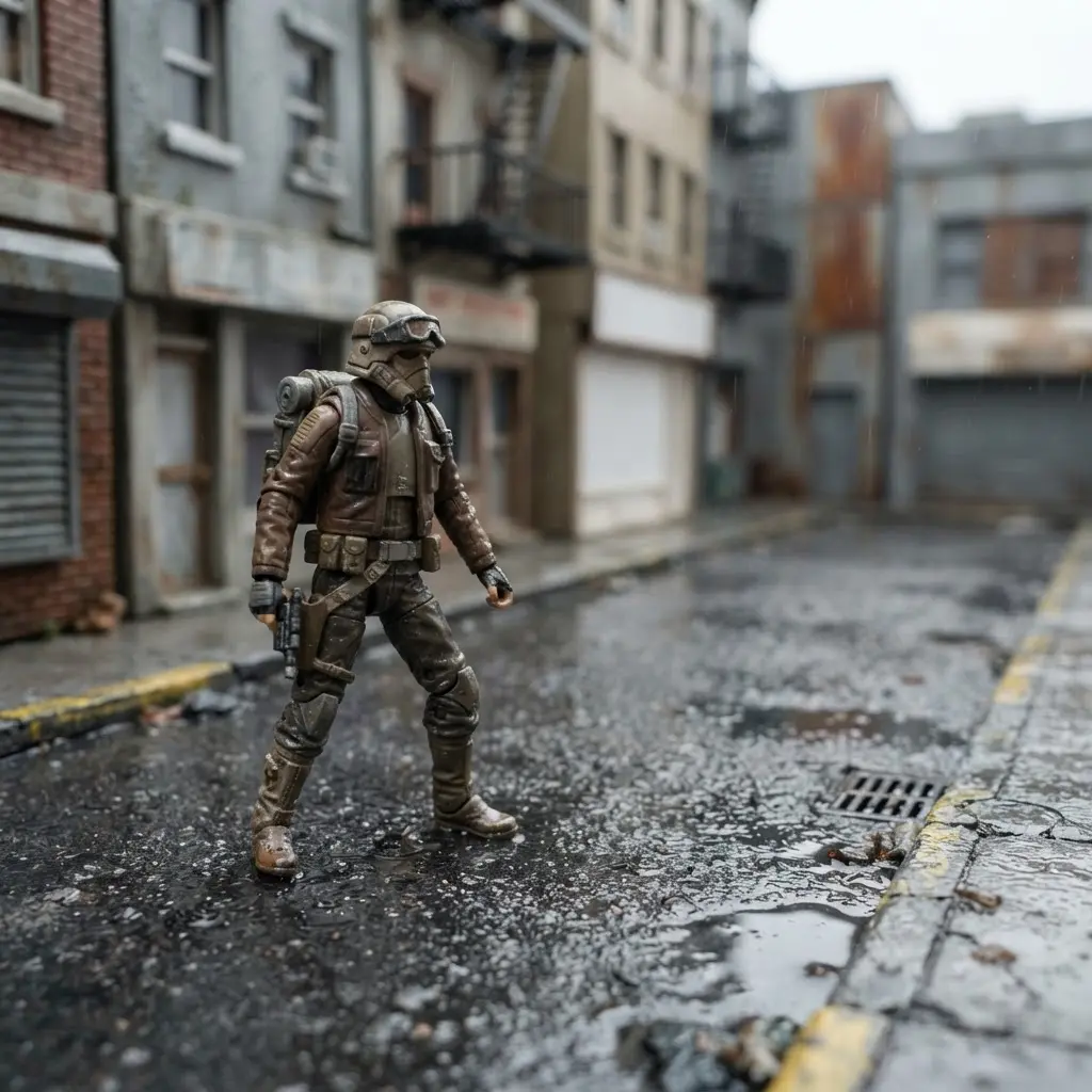 Toy photography ideas showing a figure on wet pavement beside tiny buildings under cool street lighting.