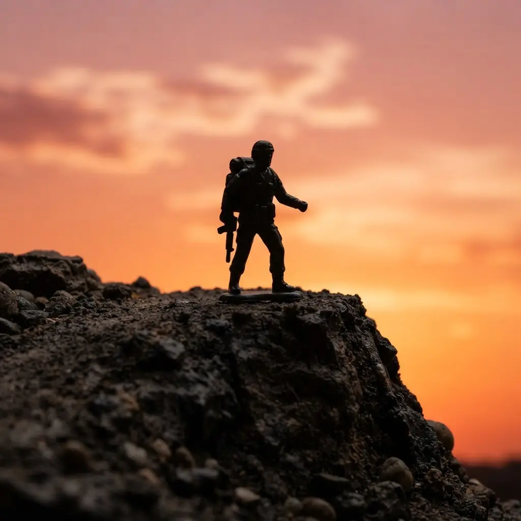 A toy figure appears as a dark silhouette on a ridge beneath a bright orange and pink sunset sky.
