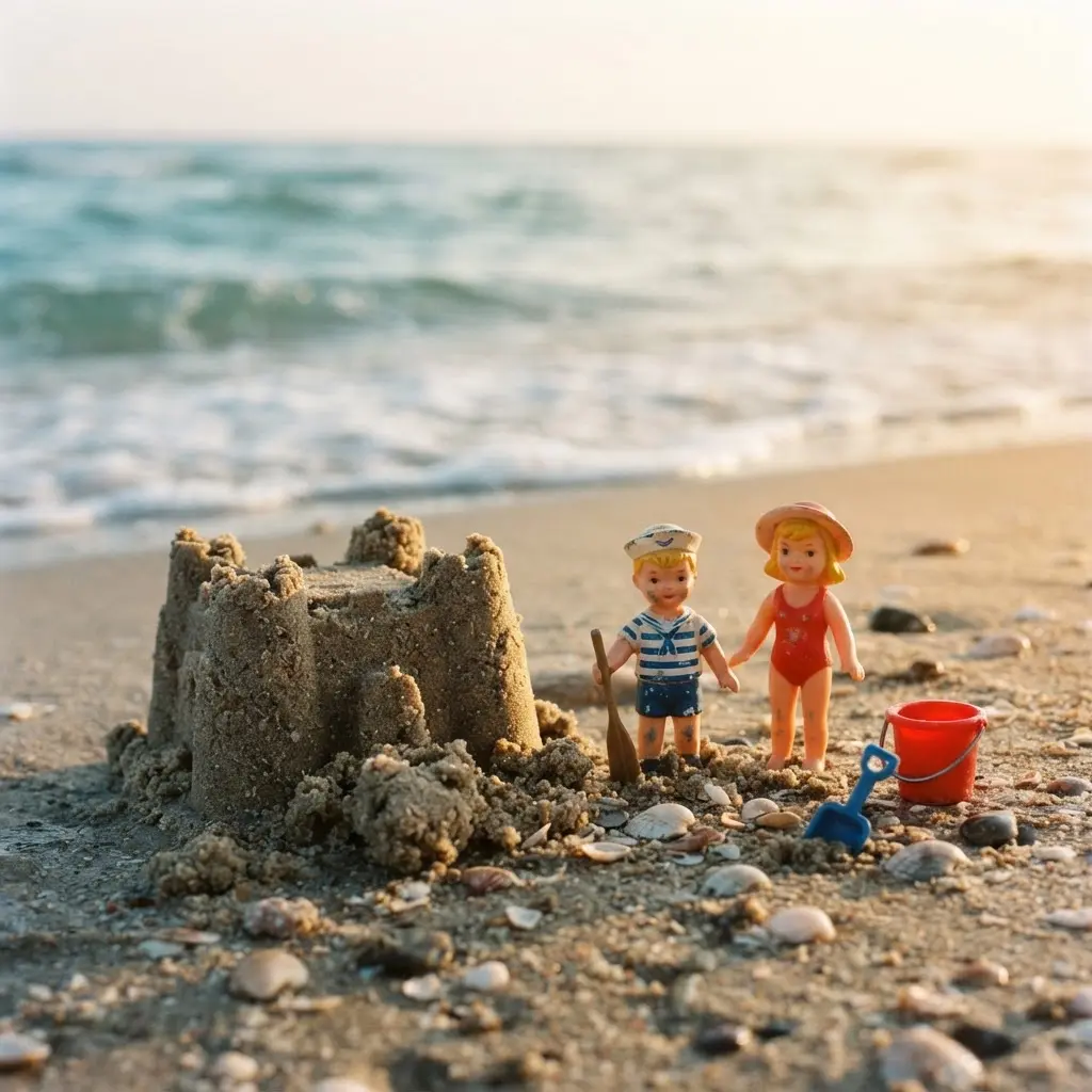 Toy photography ideas featuring figures beside a beach sandcastle with shells, a small bucket, and soft sunlight.