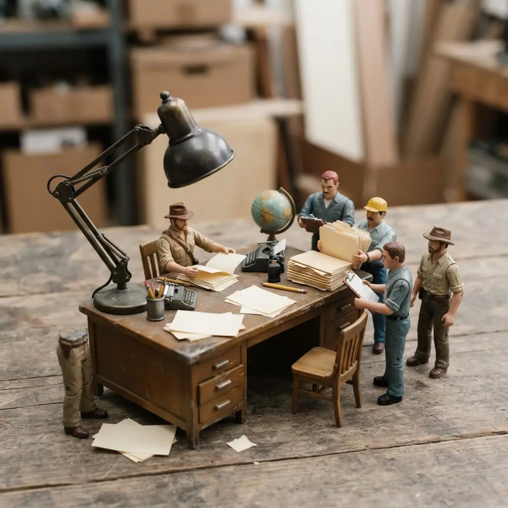 Toy figures sit around a vintage desktop office with papers, folders, a metal lamp, and muted brown tones.