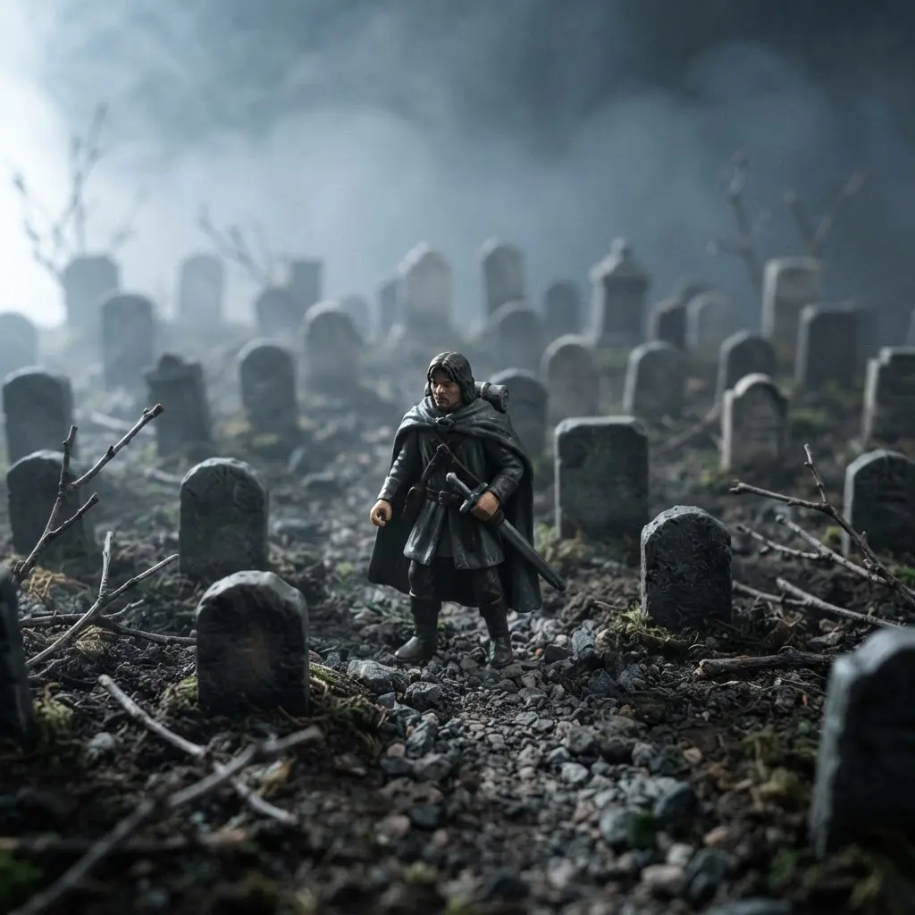 Toy photography ideas showing a figure among cemetery stones, bare branches, and low gray fog in cool light.