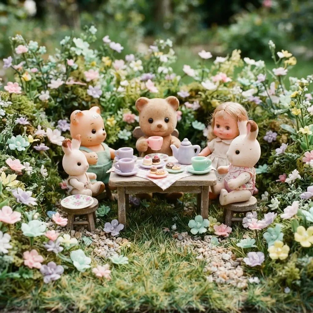 Toy figures gather around a tiny tea table in a flower meadow with pastel cups, blooms, and green grass.