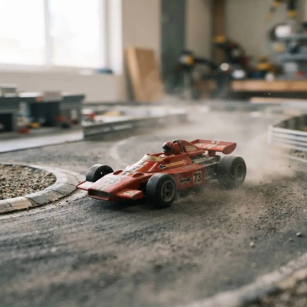 Toy photography ideas showing a racing vehicle with motion blur, a dusty track, and a low camera angle.