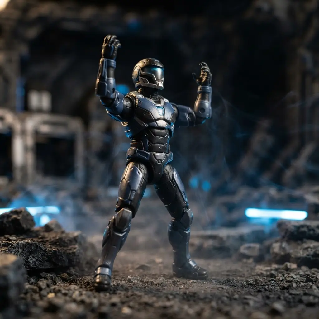 A toy hero stands from a low angle with raised hands, blue light, smoke, and a dark background.