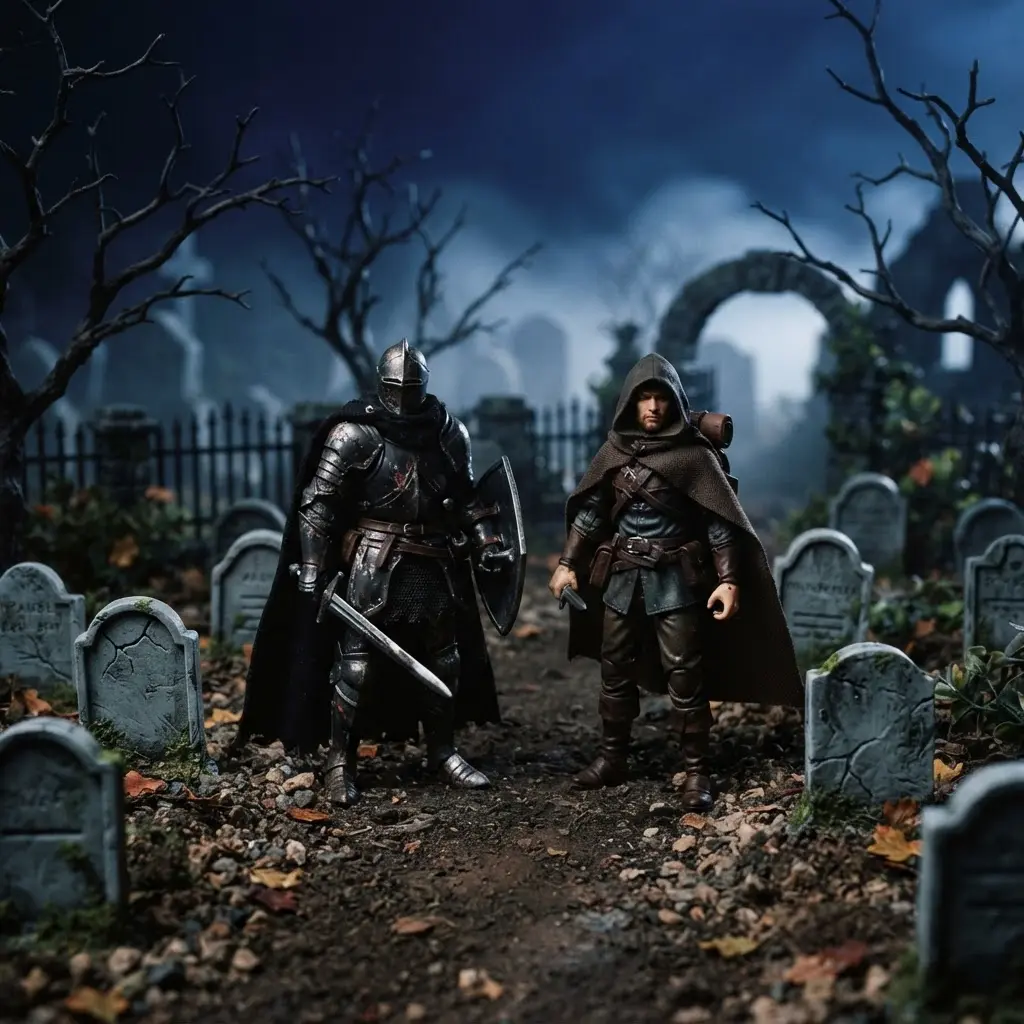 Toy photography ideas featuring two figures in a spooky graveyard with moonlight, stones, and bare tree branches.