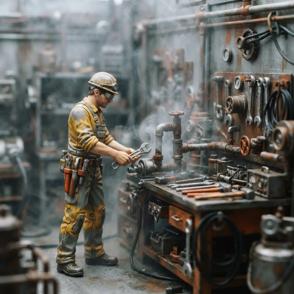 Toy photography ideas showing a worker figure in an industrial workshop with pipes, metal tools, and white steam.