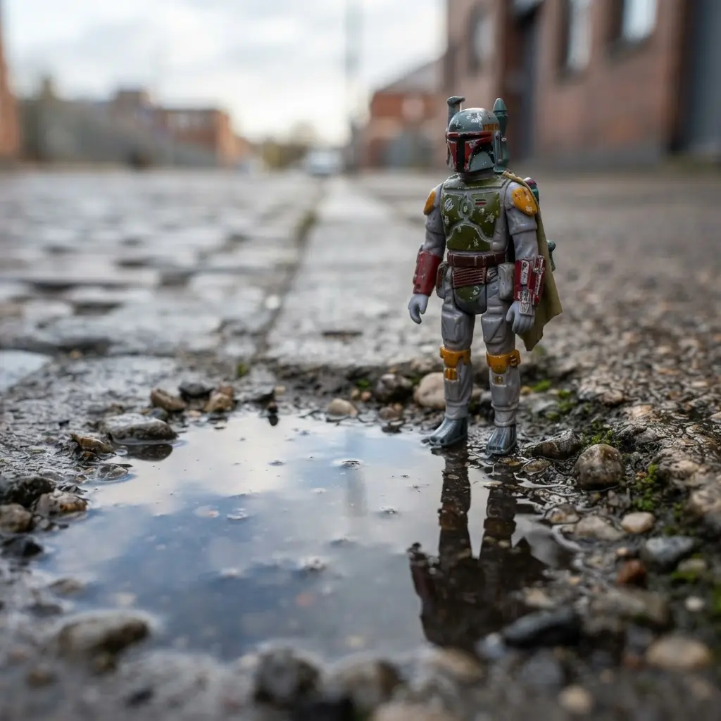A toy figure stands beside a reflective puddle after rain, with wet stones, soft clouds, and muted daylight.