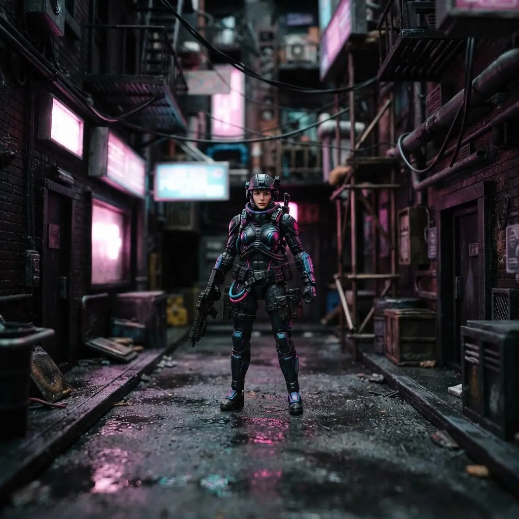 A toy figure stands in a neon-lit alley with glowing signs, dark walls, cables, and colored reflections.