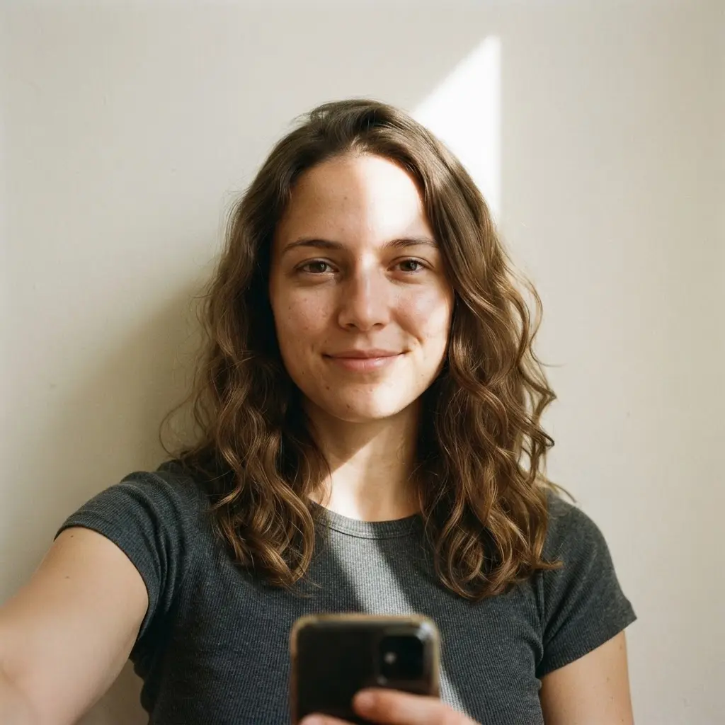 Face against a plain wall with a sharp window shadow, a unique selfie idea with bold contrast.