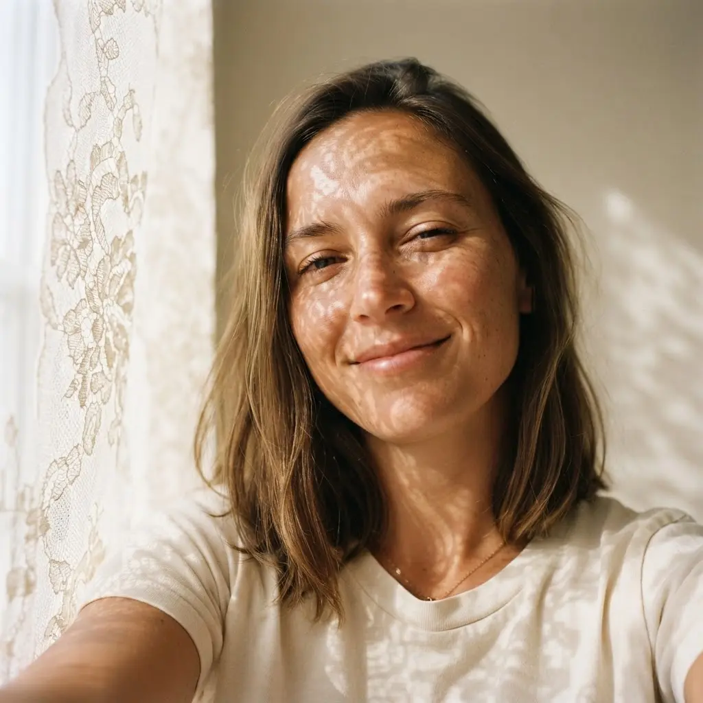Face covered with delicate lace-shaped shadows from a nearby window, set against a plain background.