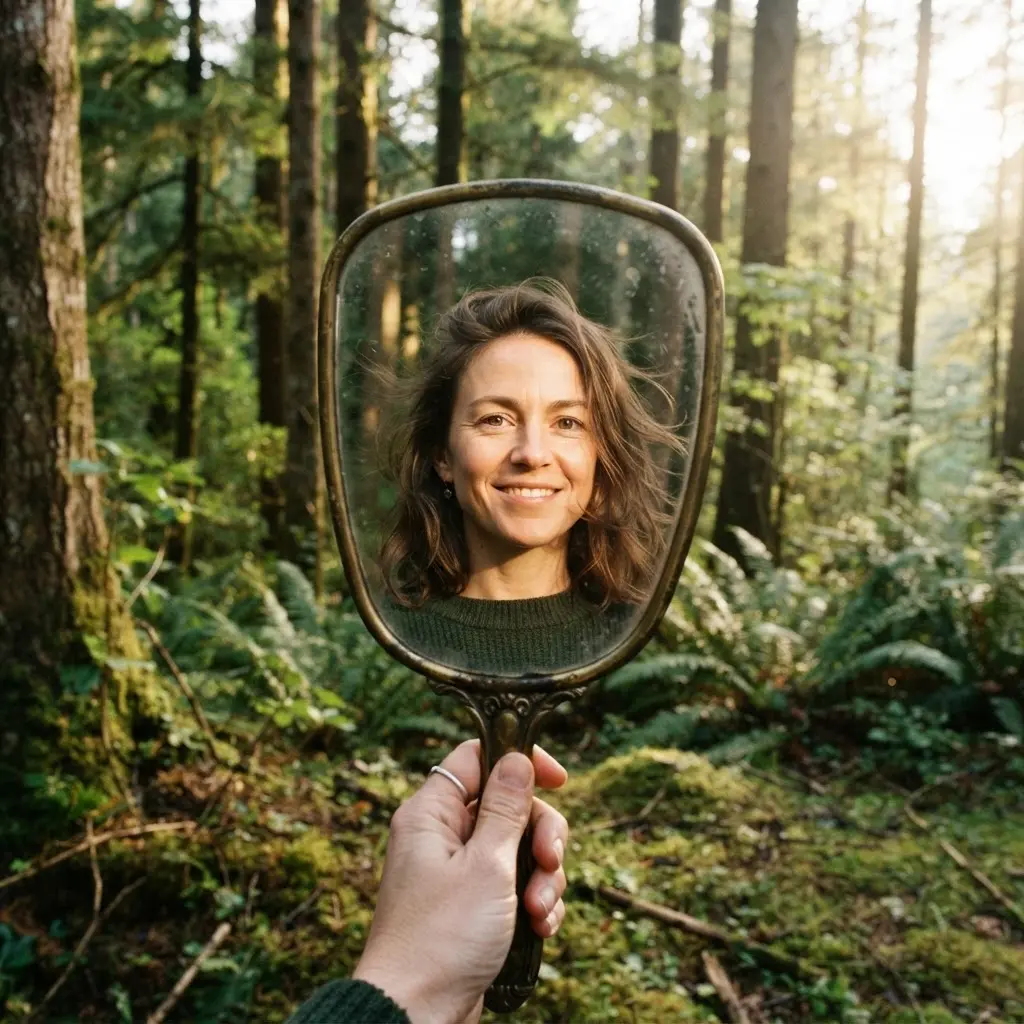 Handheld vintage mirror reflecting a face among tall trees, with moss and woodland ground around it.