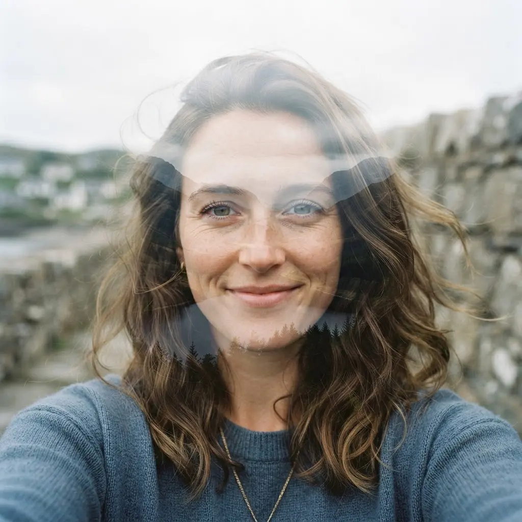 Face layered with mountain and field scenery in a double exposure portrait, a unique selfie idea.