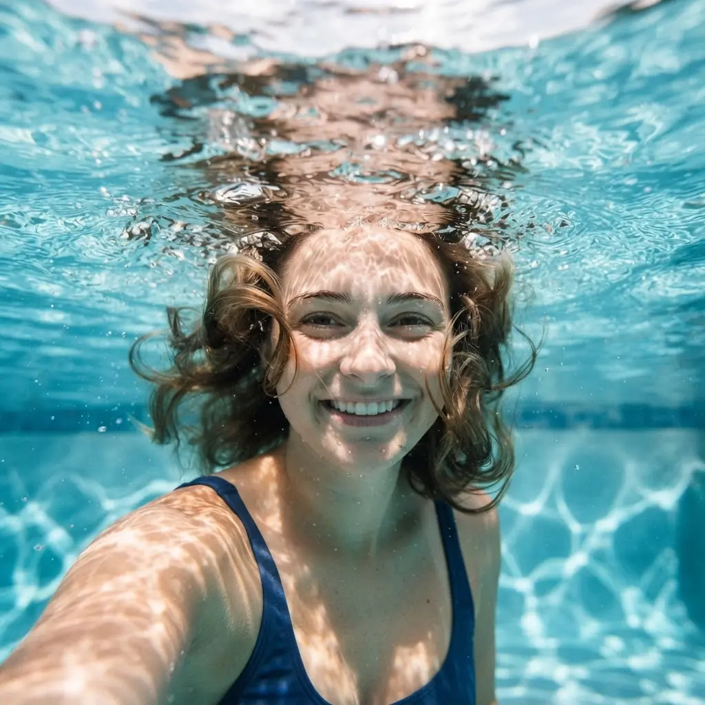 Face partly underwater beneath a clear pool surface, with ripples and blue light around the subject.
