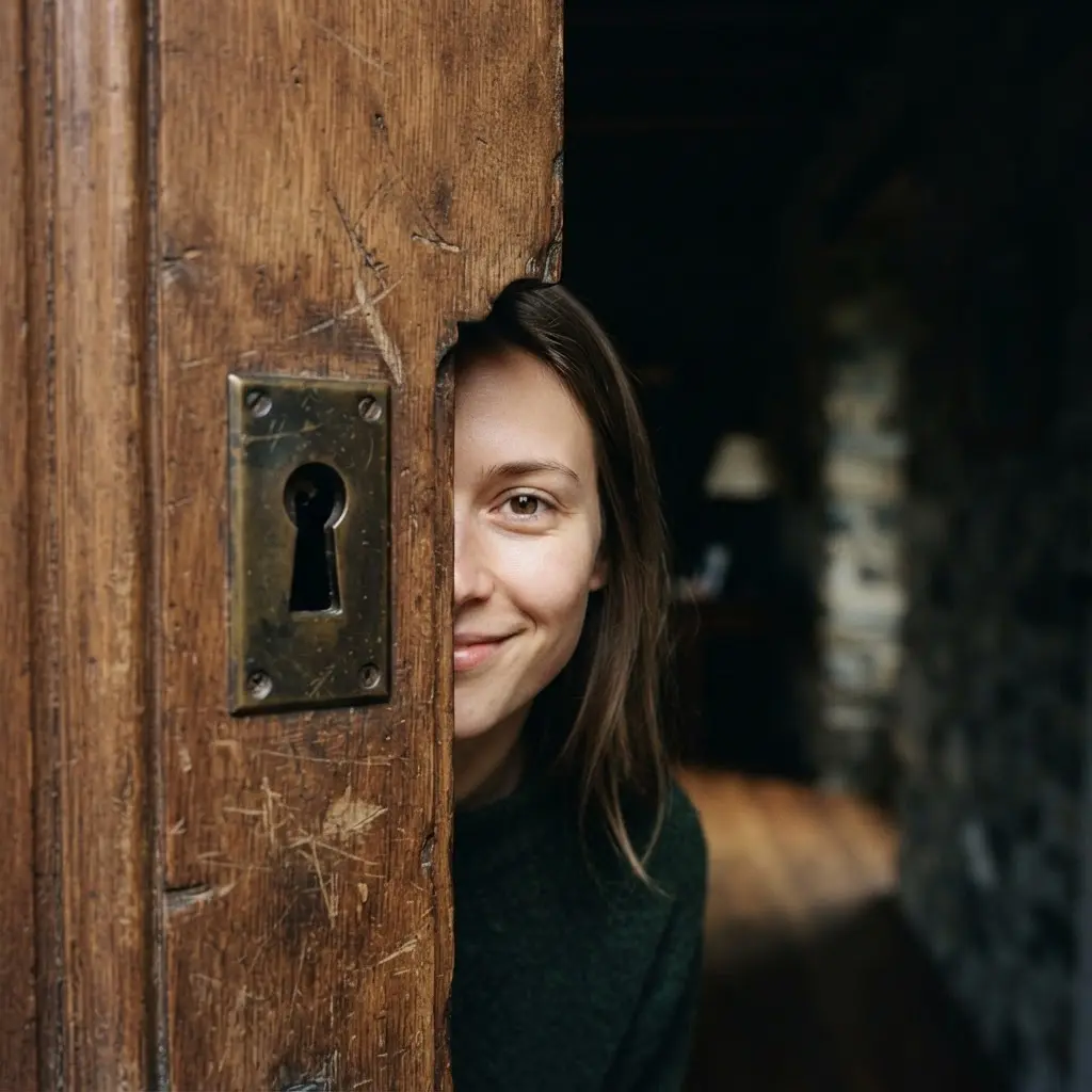 Face framed through a small keyhole-shaped doorway opening, with a darker hallway behind the subject.