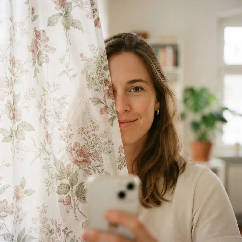 Portrait partly hidden behind a floral curtain, with soft daylight passing through the fabric.