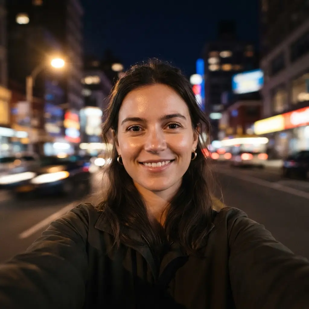 Night portrait with colorful city lights streaking behind the face during a slow camera movement.