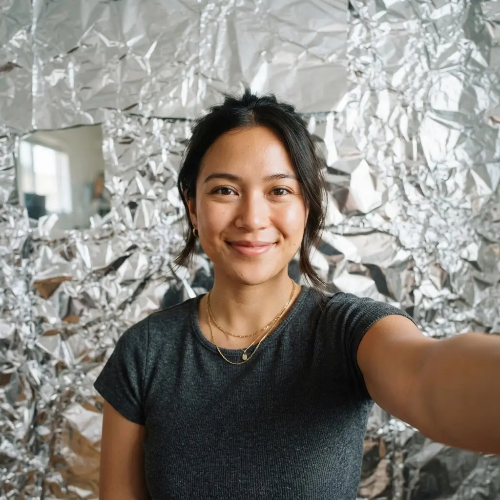Portrait in front of crinkled silver foil, with small reflected highlights surrounding the subject.