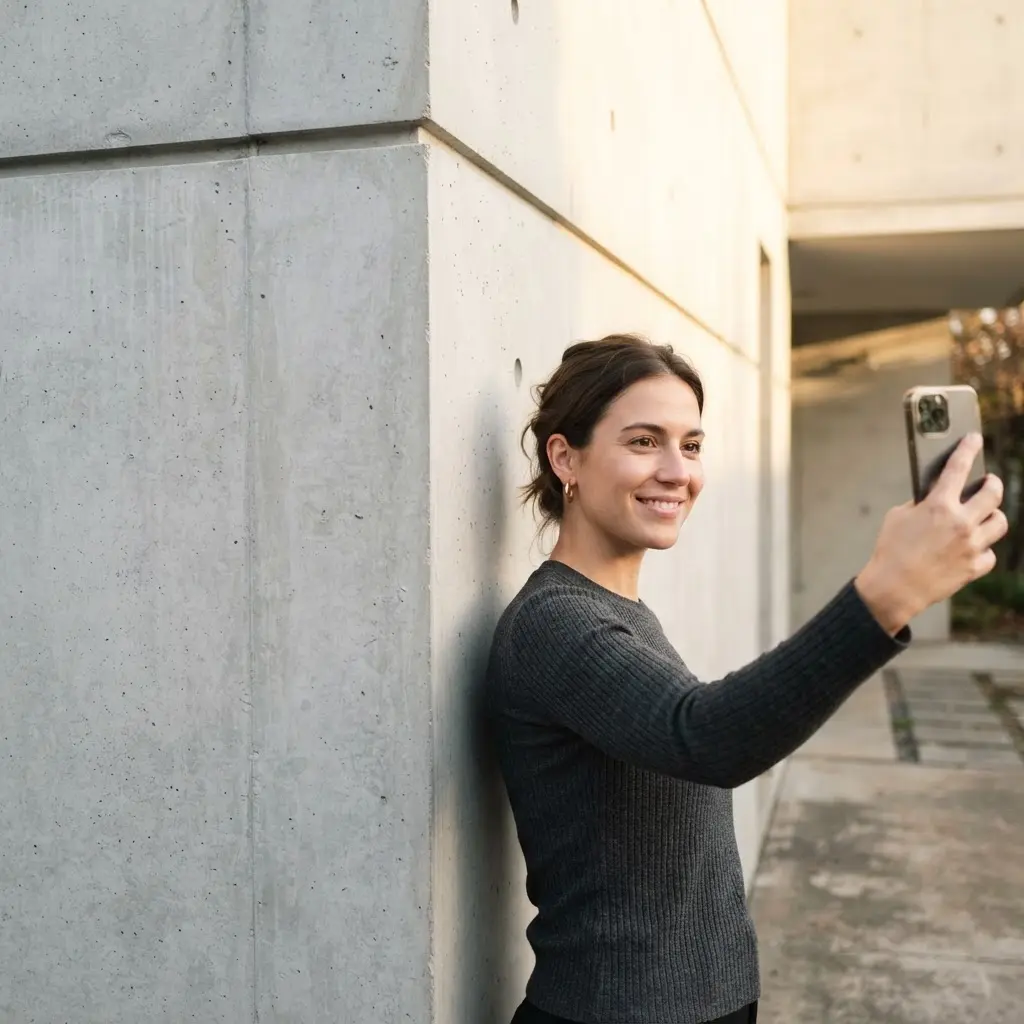 Person standing beside a clean concrete corner, with strong lines and open pale walls behind them.