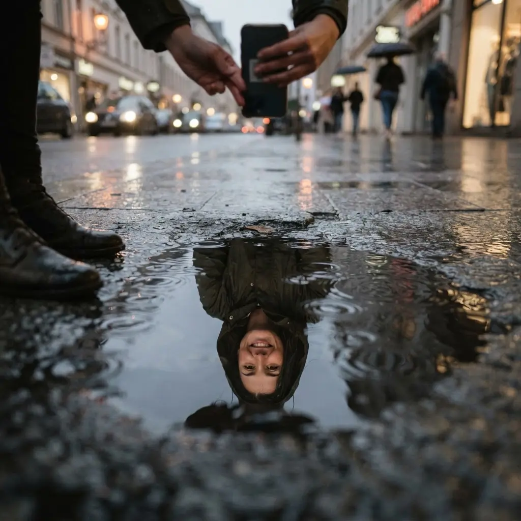 Face reflected in a rain puddle on pavement, with wet street lights and shoes visible nearby.