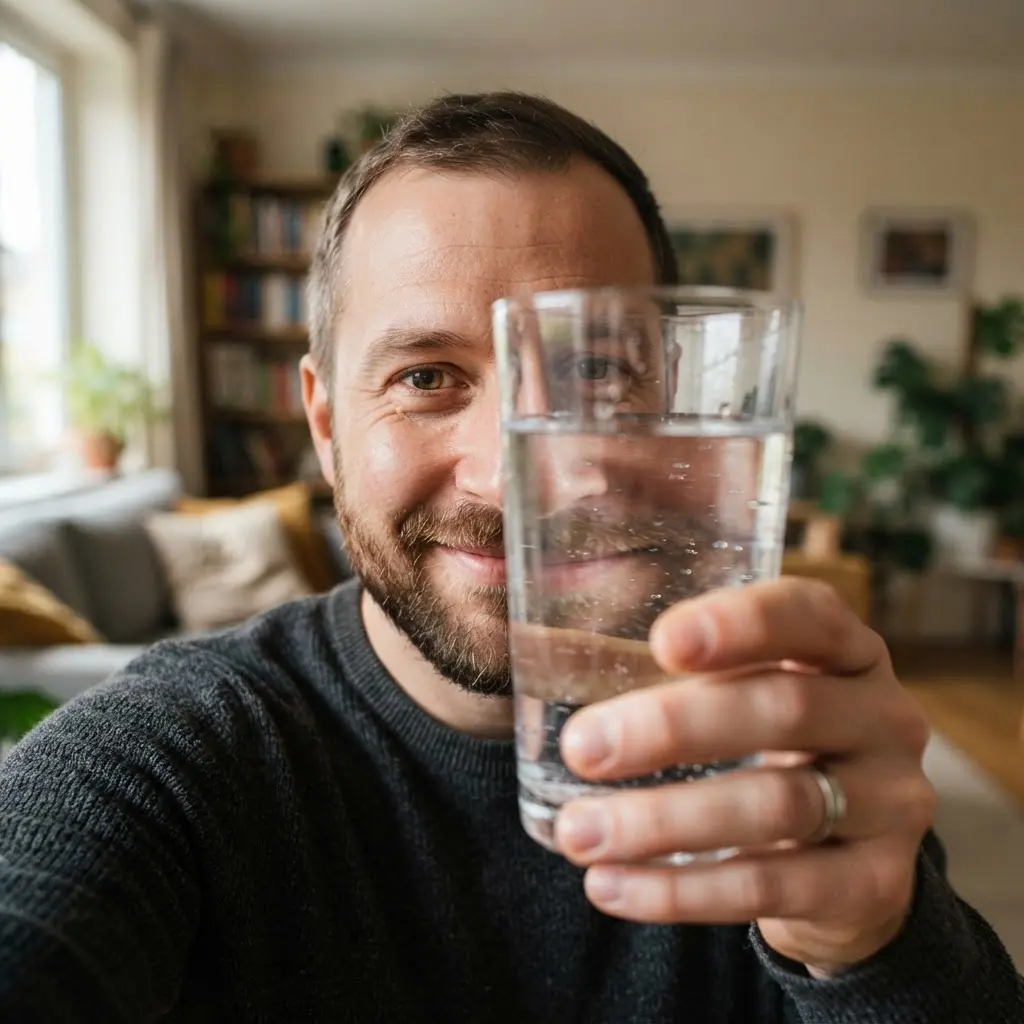 Face seen through a clear water glass with warped features and a softly blurred room behind it.