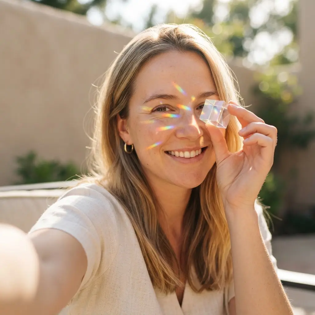 Portrait with small rainbow flares crossing the cheek, created by a prism held toward sunlight.
