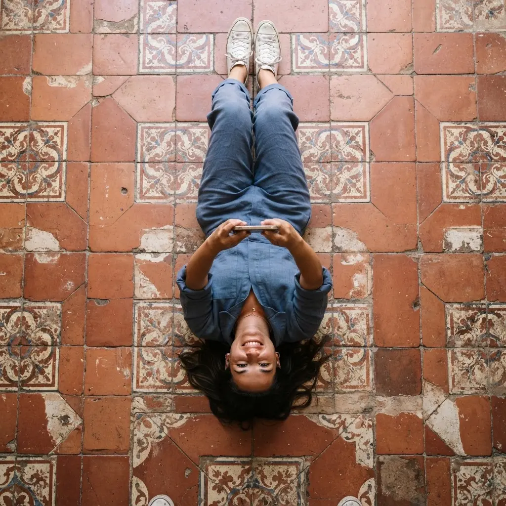 Top-down portrait centered on a patterned tile floor, with arms and shoes arranged in the frame.