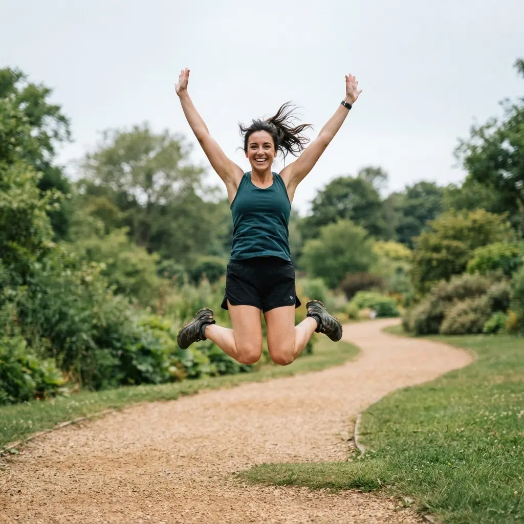 Person caught midair above a park path, with raised arms, bent knees, and trees in the distance.