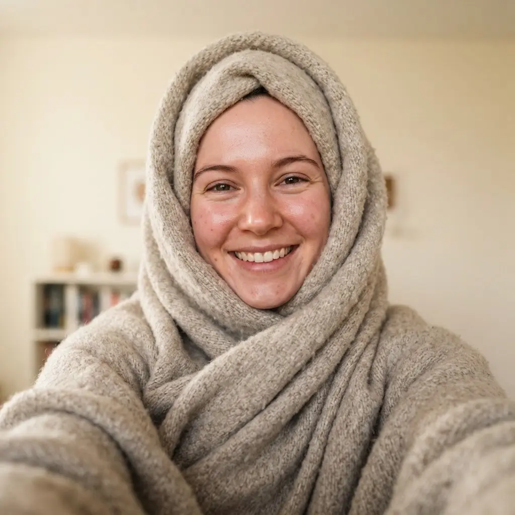 Smiling face wrapped in a soft blanket with only the head and shoulders visible against a plain room.