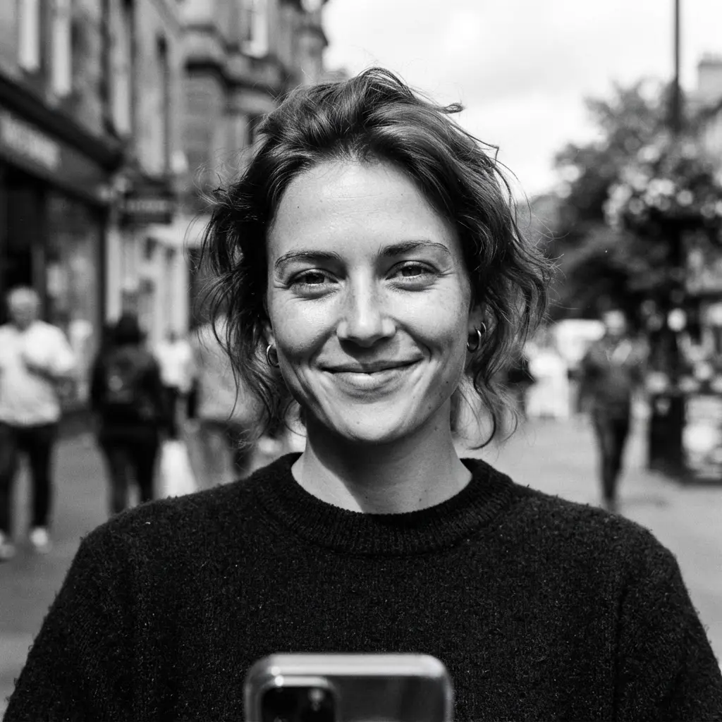 Black and white portrait with strong facial shadows, bright highlights, and visible film-style grain.