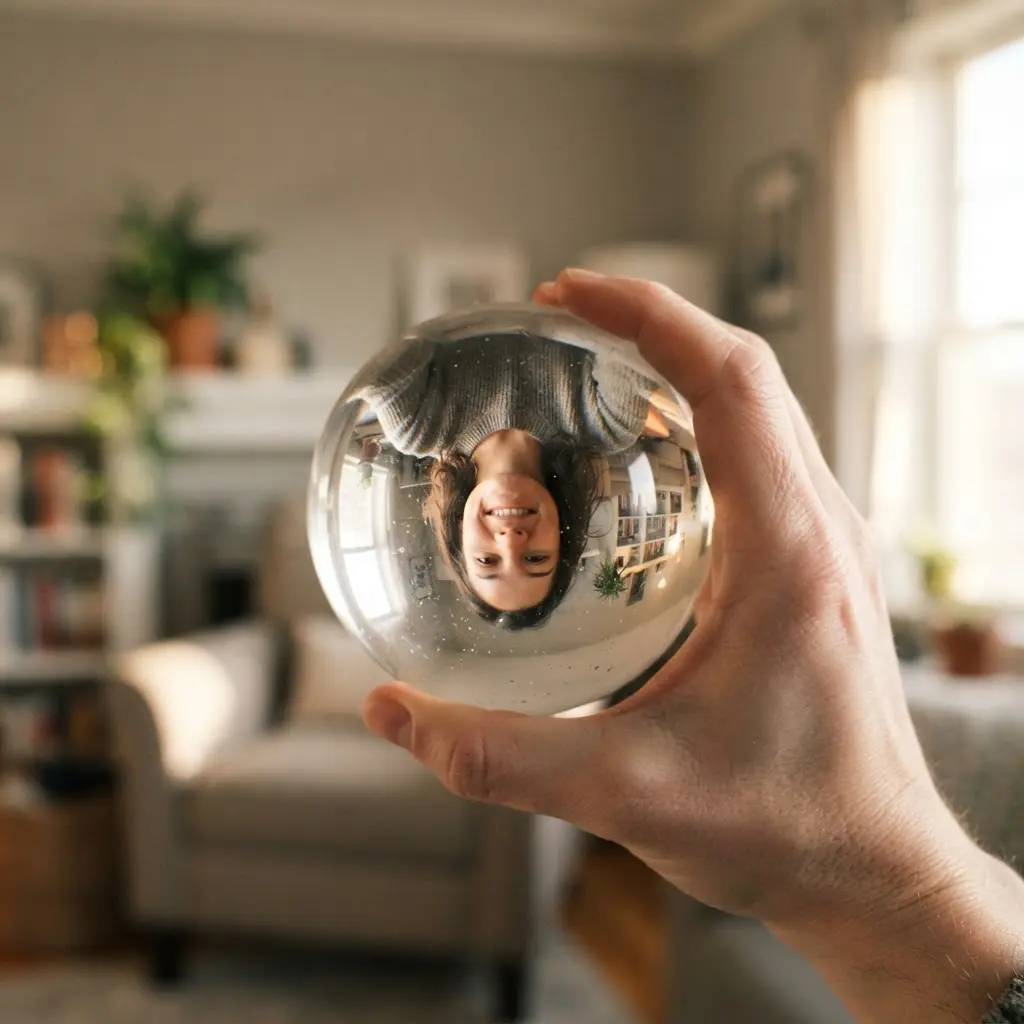Face reflected upside down inside a clear glass sphere, with a softly blurred room behind the subject.
