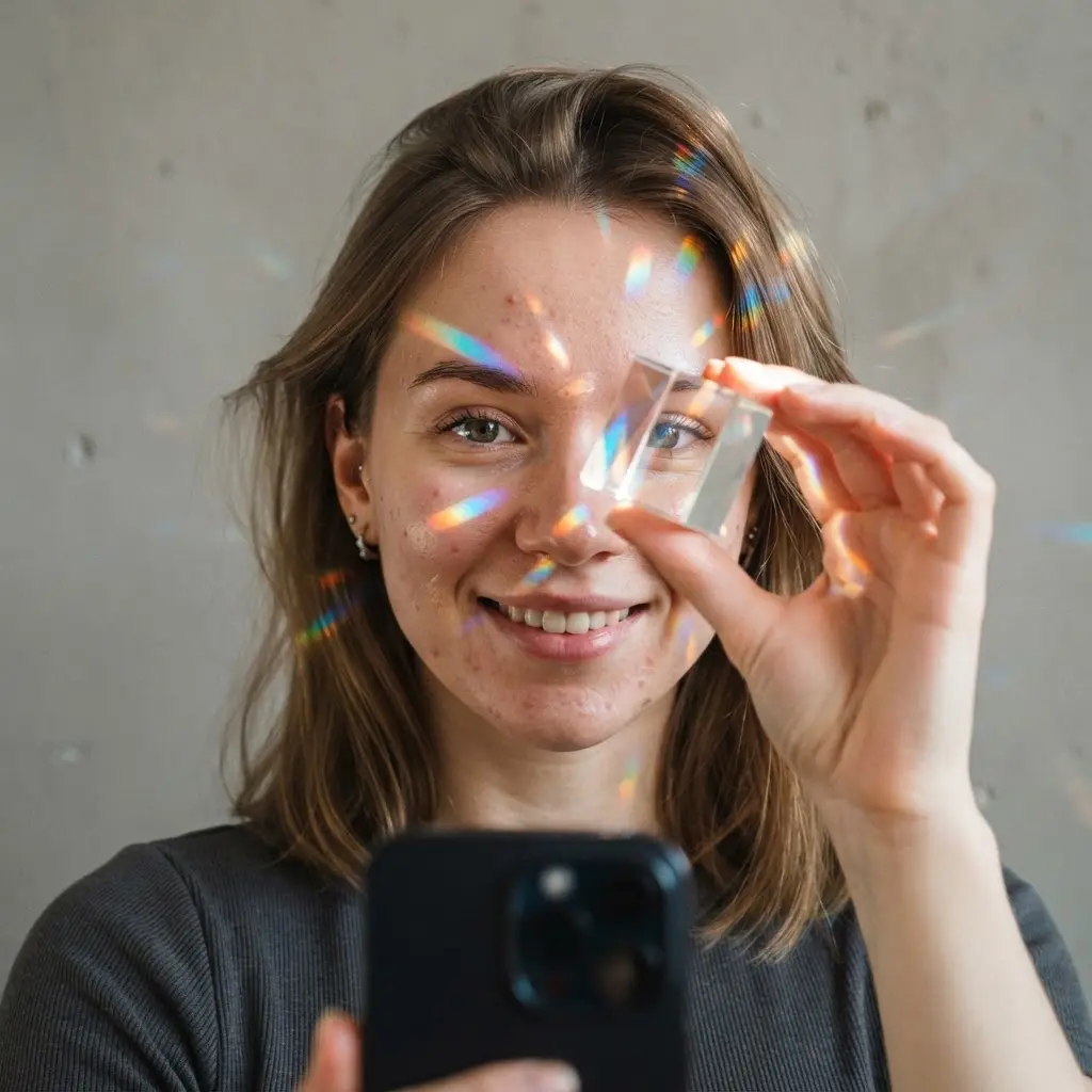 Portrait with rainbow prism streaks crossing the face, a unique selfie idea using refracted sunlight.