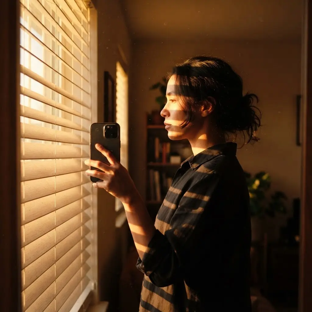 Side profile near blinds with warm sunset light forming bright stripes across the silhouette.