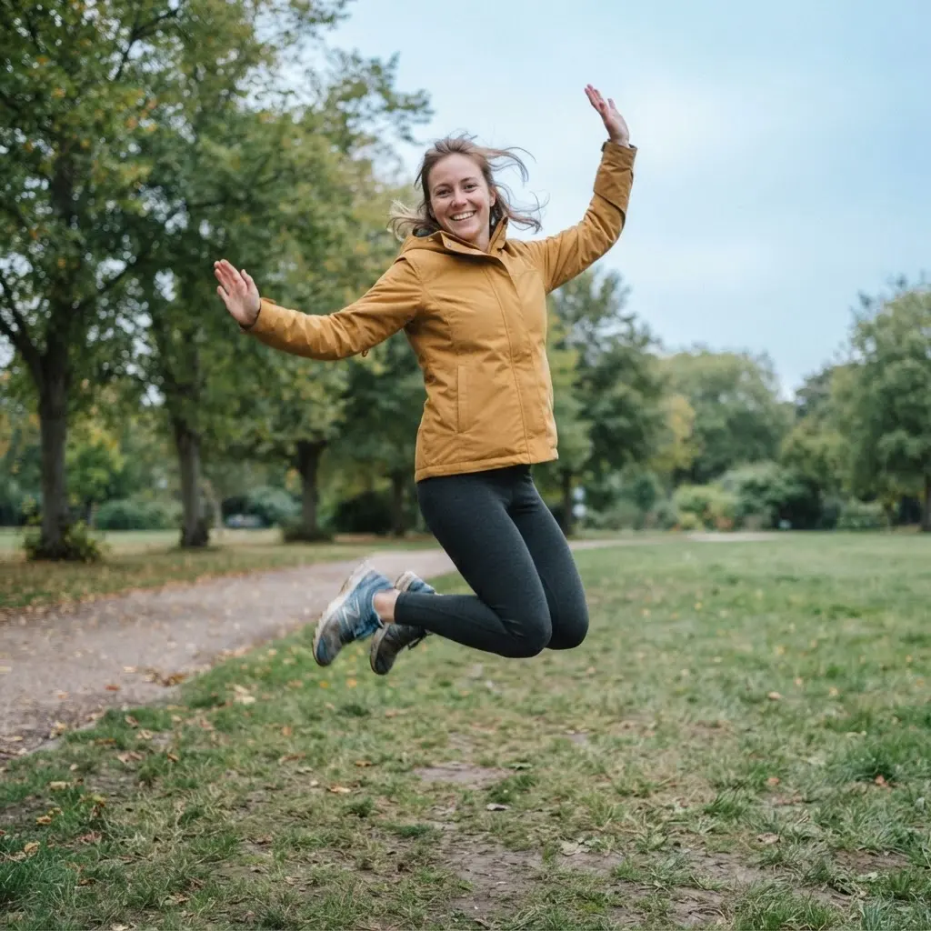 Person appearing to float above a grassy park path with trees, clear sky, and a playful raised pose.
