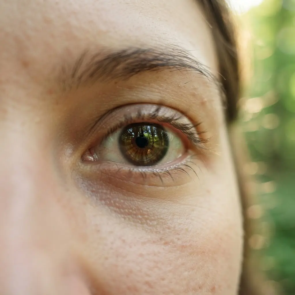 Close view of one eye reflecting green leaves, with soft natural shapes surrounding the face.