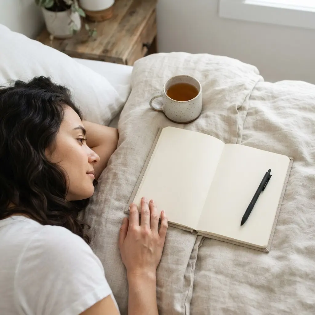 Overhead portrait beside an open journal, pen, cup, and folded bedding in a warm bedside arrangement.
