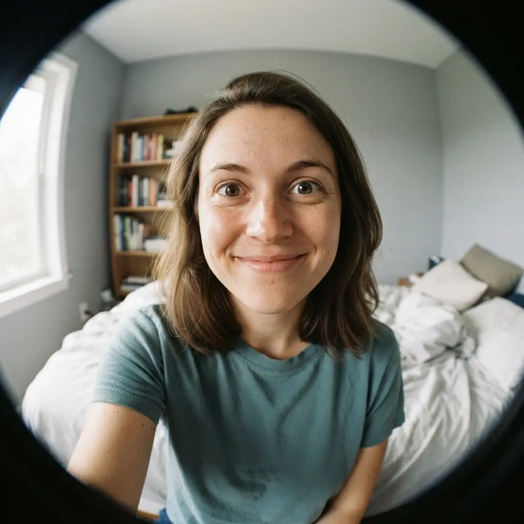 Close face with rounded fisheye distortion, wide eyes, and a simple room visible around the subject.