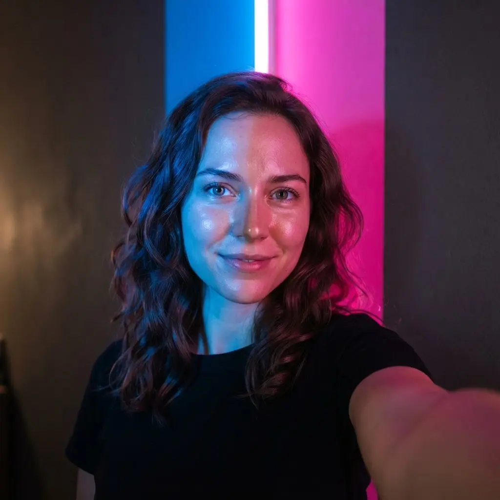 Portrait split by blue and pink neon light, creating clean color blocks across the face and wall.
